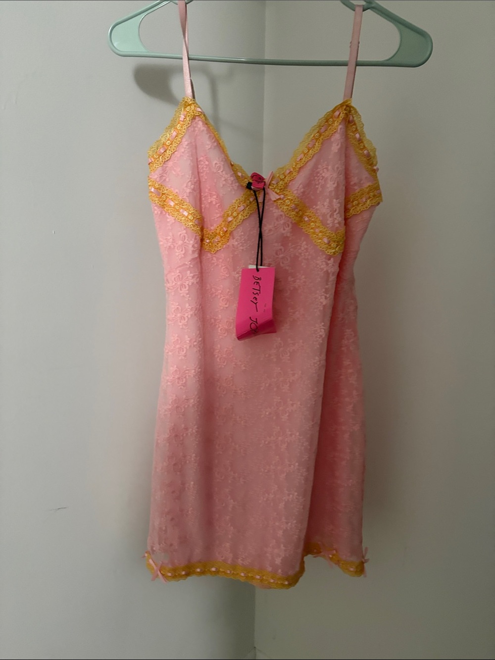Betsey Johnson Pink Chemise with Yellow Lace Trim